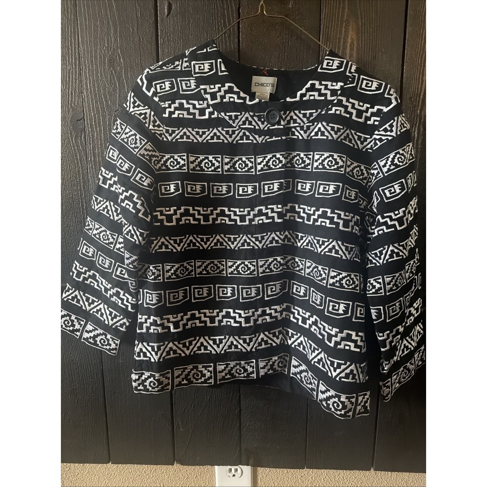 Chico's Jacket Overcoat Black & White Abstract Size 0 Womens Embroidered Cotton